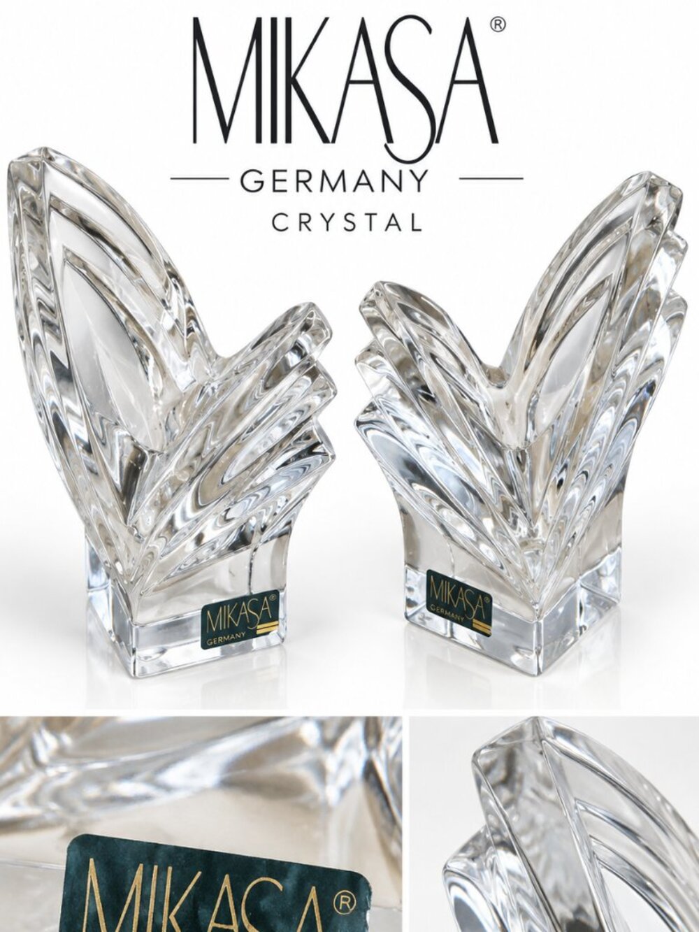 Vintage Mikasa Germany Crystal Art Deco V Shape Sculptural Pair 5" High